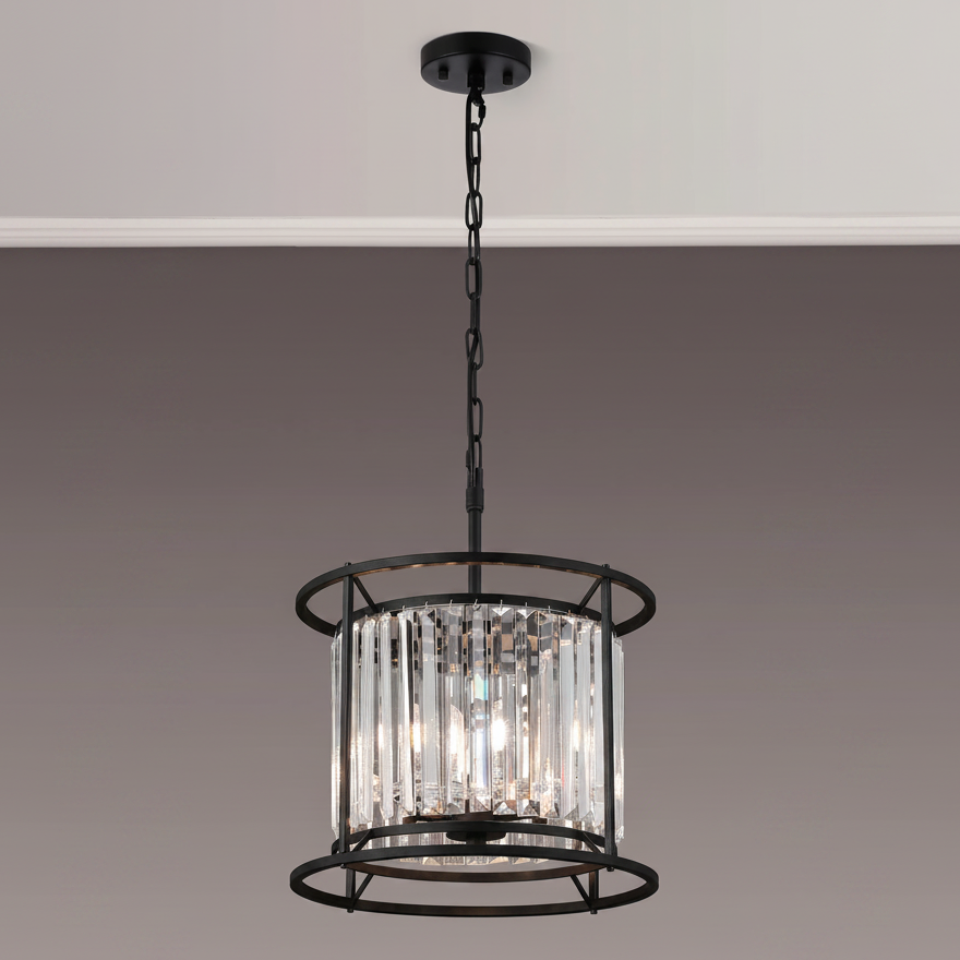 Black metal chandelier with clear glass rods