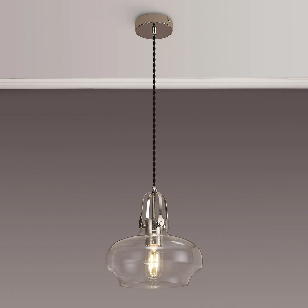 Bedlington Single Drop Pendant in Polished Nickel with Clear Glass Shade