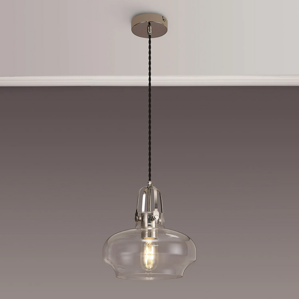 Bedlington Single Drop Pendant in Polished Nickel with Clear Glass Shade
