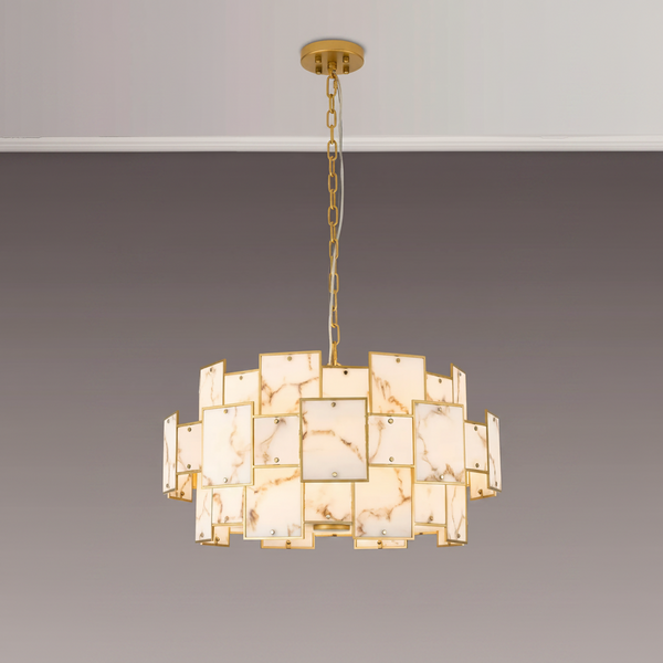 Gold chandelier with rectangular white and brown marble panels