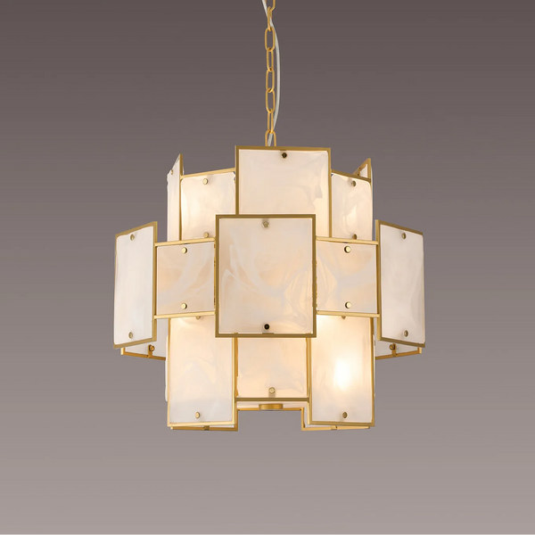Gold chandelier with rectangular white alabaster panels