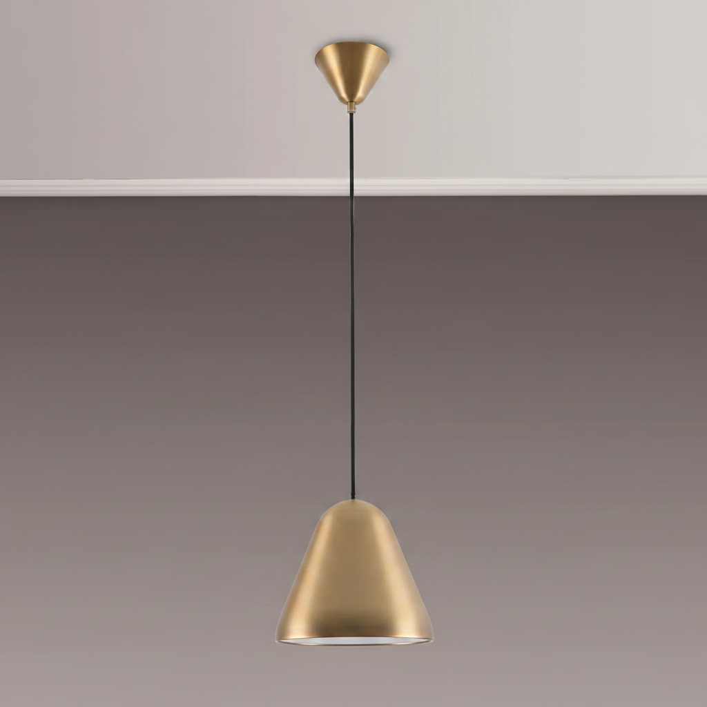 Gold pendant light with a conical shade and black cord hanging from a white ceiling