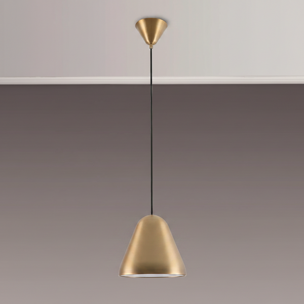 Gold pendant light with a conical shade and black cord hanging from a white ceiling