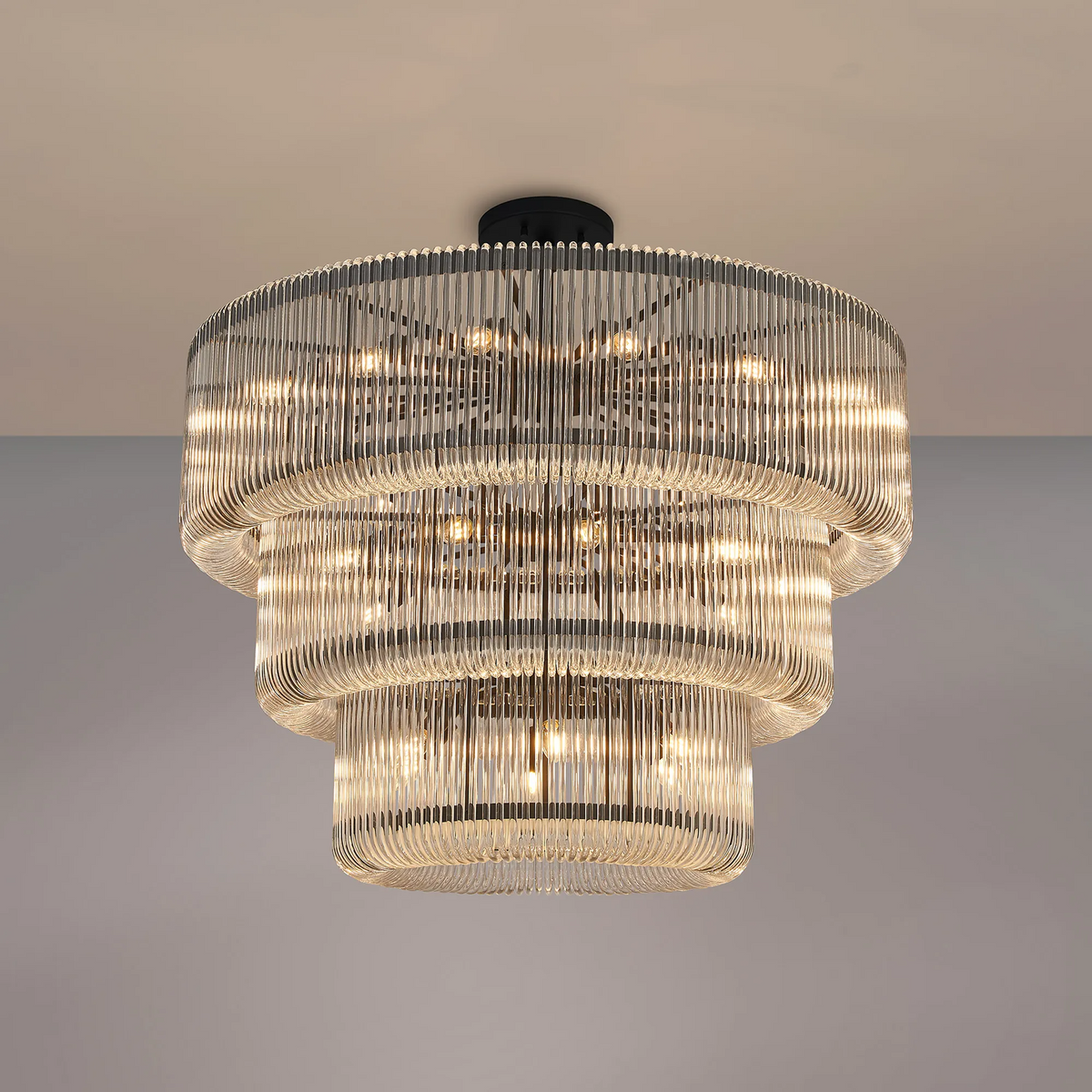 Jevington 1000mm Three Tier Pendant or Semi Flush in Black with Clear Glass