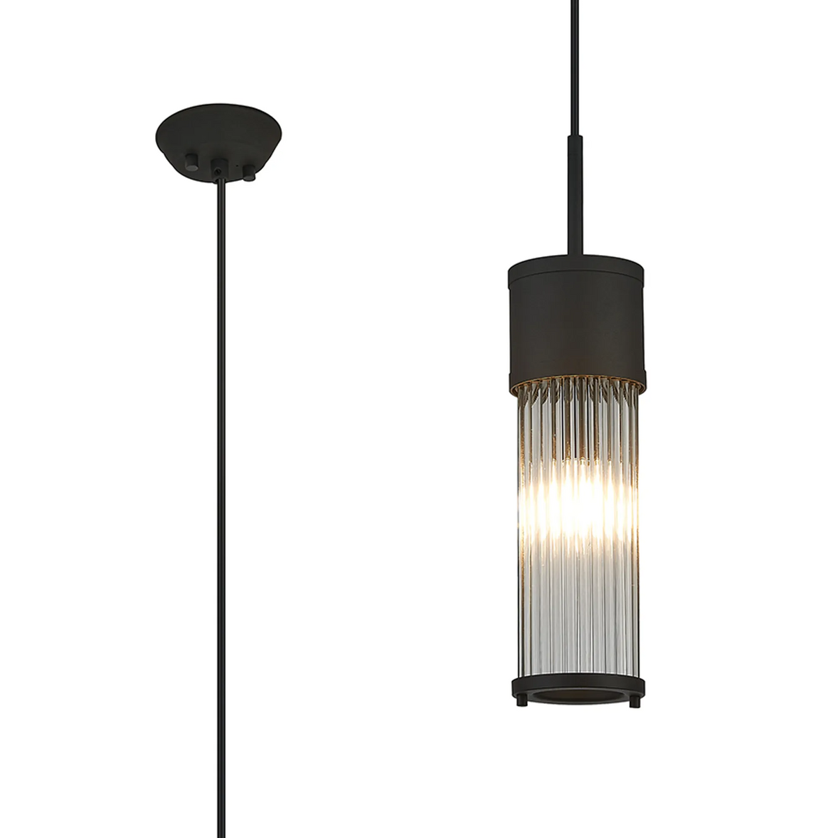 Tansley E14 IP44 Single Drop Pendant in Satin Black with Clear Glass Rods