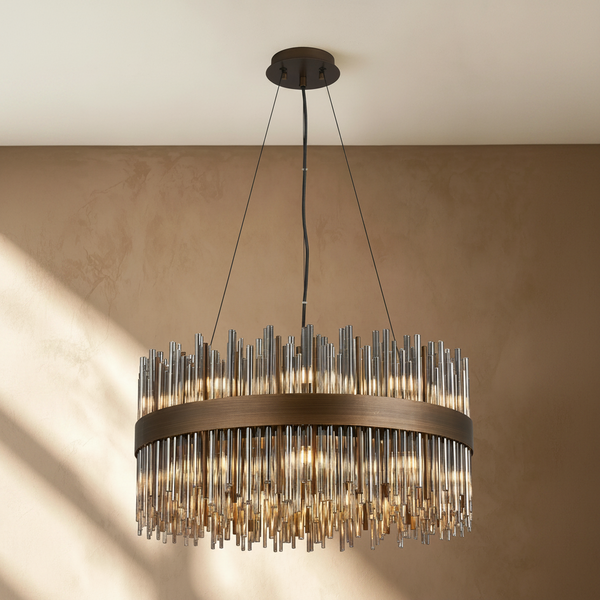 Round chandelier with bronze frame and vertical glass rods