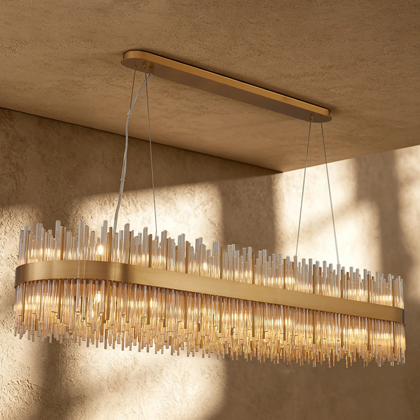 Rectangular chandelier with gold frame and vertical glass rods