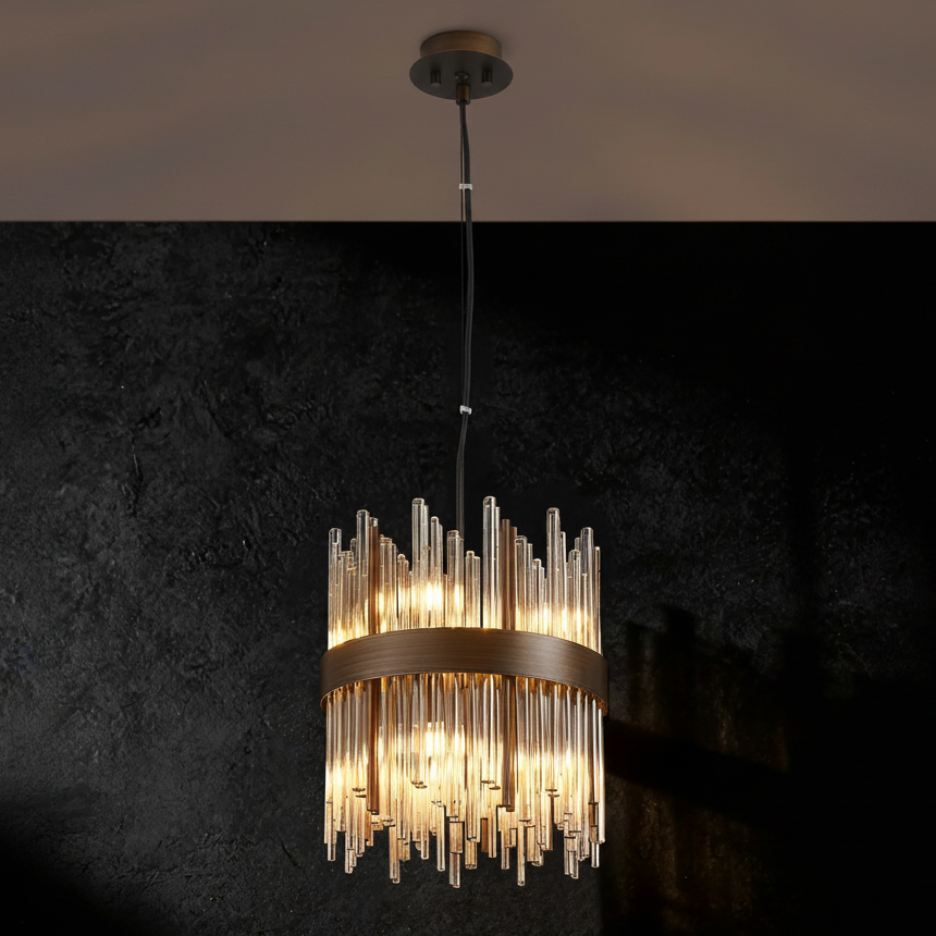 Cylindrical chandelier with clear glass rods and a dark bronze band