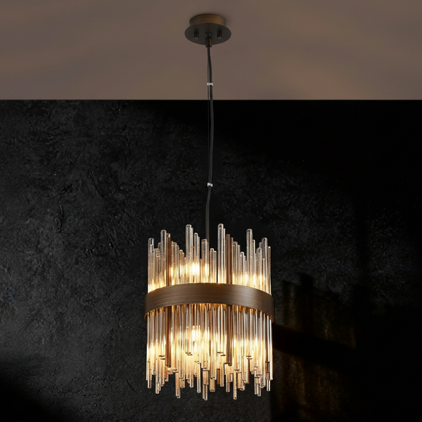 Cylindrical chandelier with clear glass rods and a dark bronze band