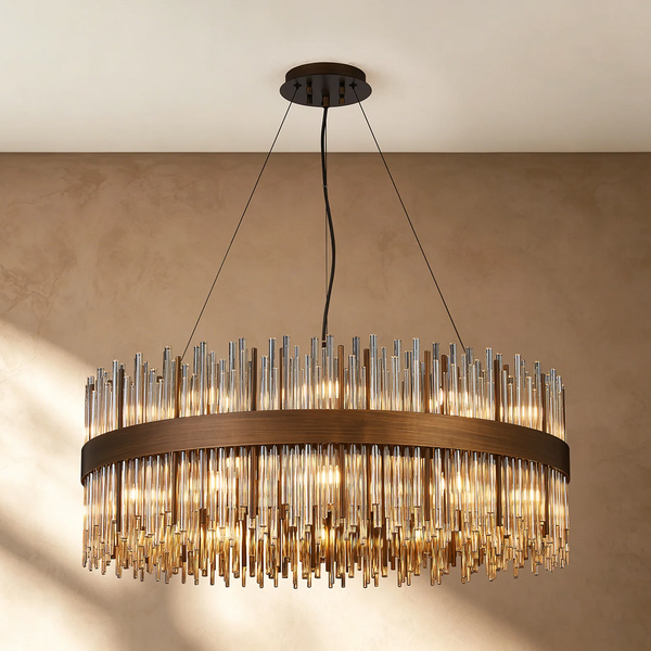 Round chandelier with bronze frame and clear glass rods