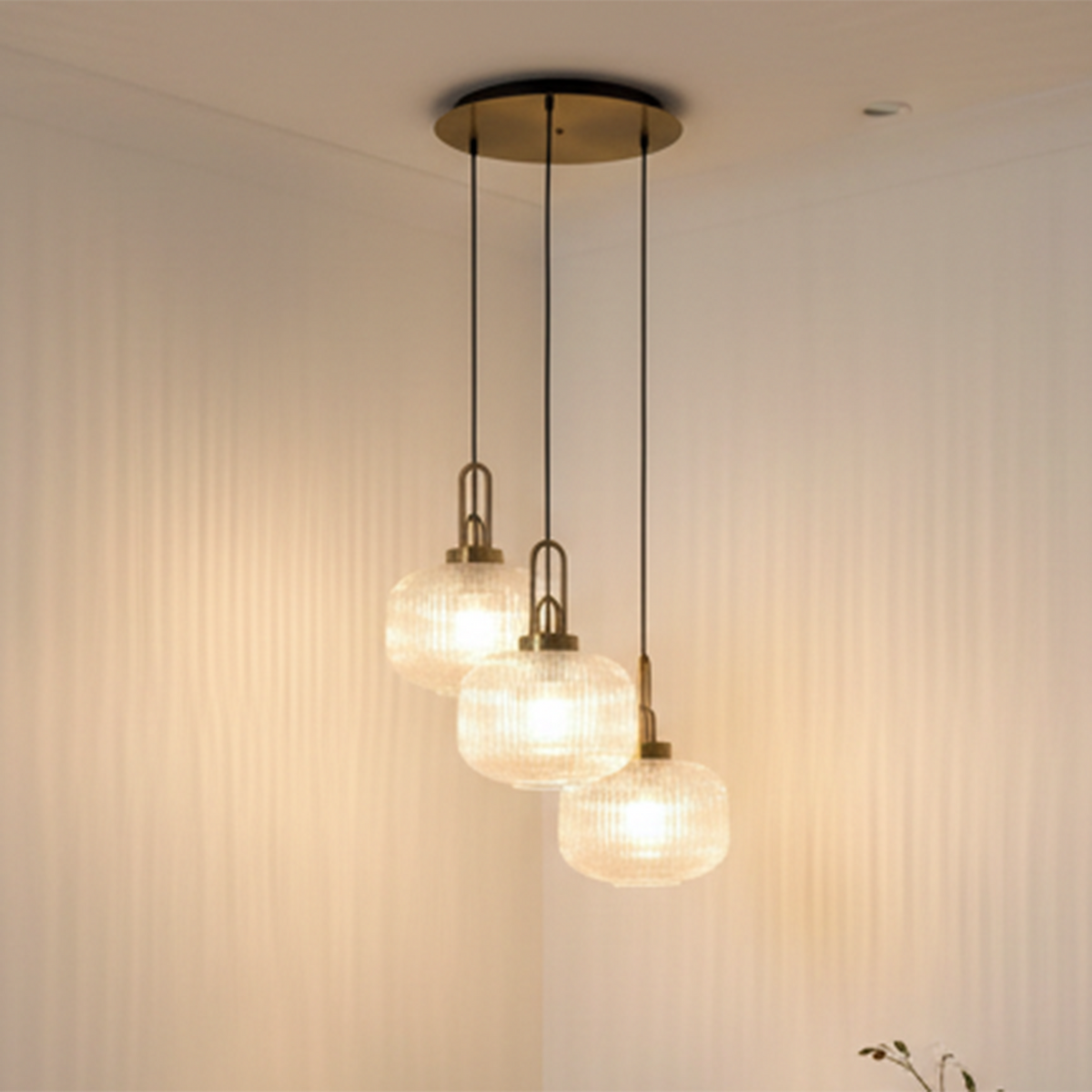 Atherington Pumpkin 3 Drop Pendant in Brass Gold with Ribbed Champagne Shade