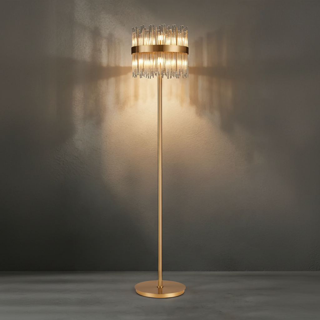 Eckington Floor Lamp in Brass with Clear Glass Rods