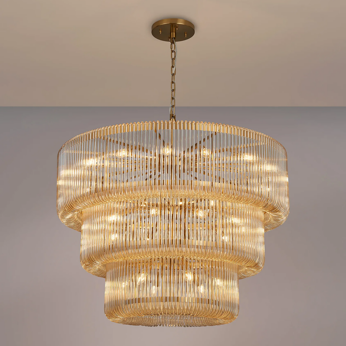 Jevington 1000mm Three Tier Pendant or Semi Flush in Brass with Smoke Brown Glass