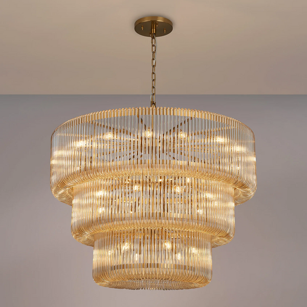 Jevington 1000mm Three Tier Pendant or Semi Flush in Brass with Smoke Brown Glass
