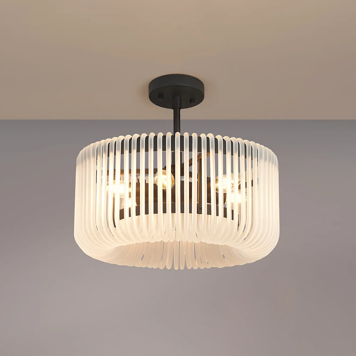 Jevington 400mm Pendant or Semi Flush in Black with Frosted Glass