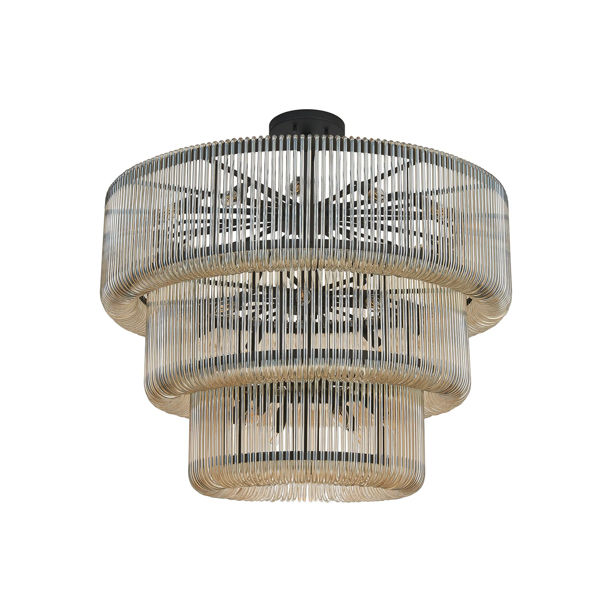 Jevington 1000mm Three Tier Pendant or Semi Flush in Black with Smoke Brown Glass