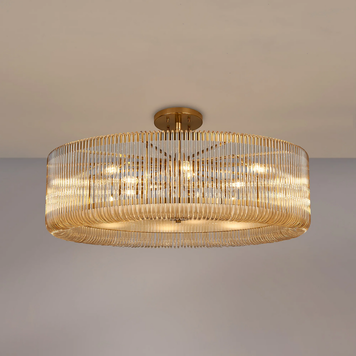 Jevington 1000mm Pendant or Semi Flush in Brass with Smoke Brown Glass