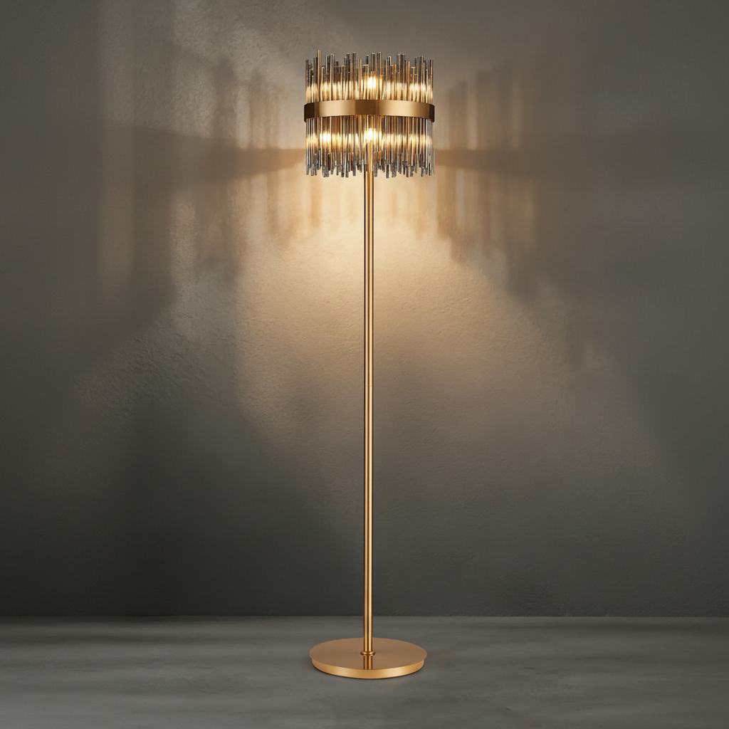 Eckington Floor Lamp in Brass with Smoked Glass Rods
