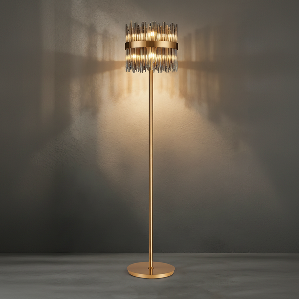 Eckington Floor Lamp in Brass with Smoked Glass Rods