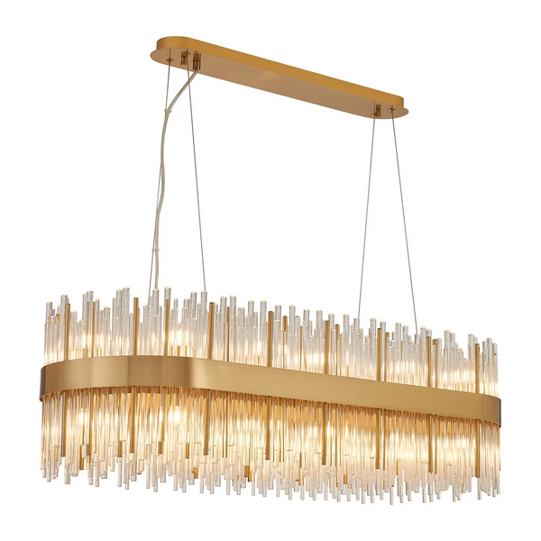 Rectangular gold chandelier with clear glass rods