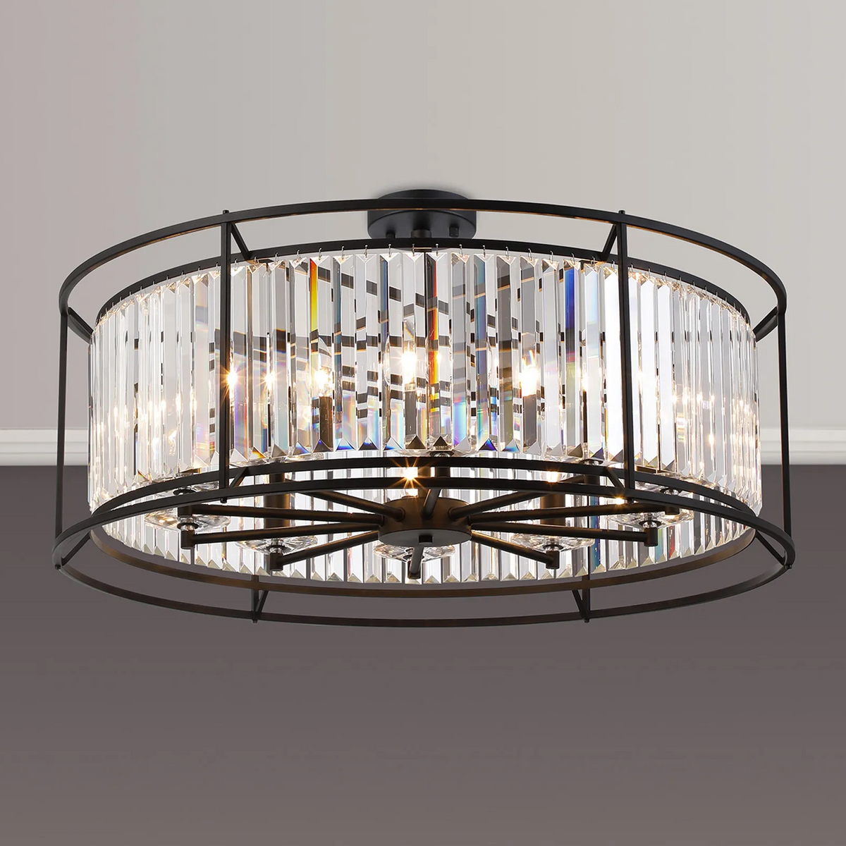 Black metal framed ceiling light with vertical clear crystal rods and exposed bulbs