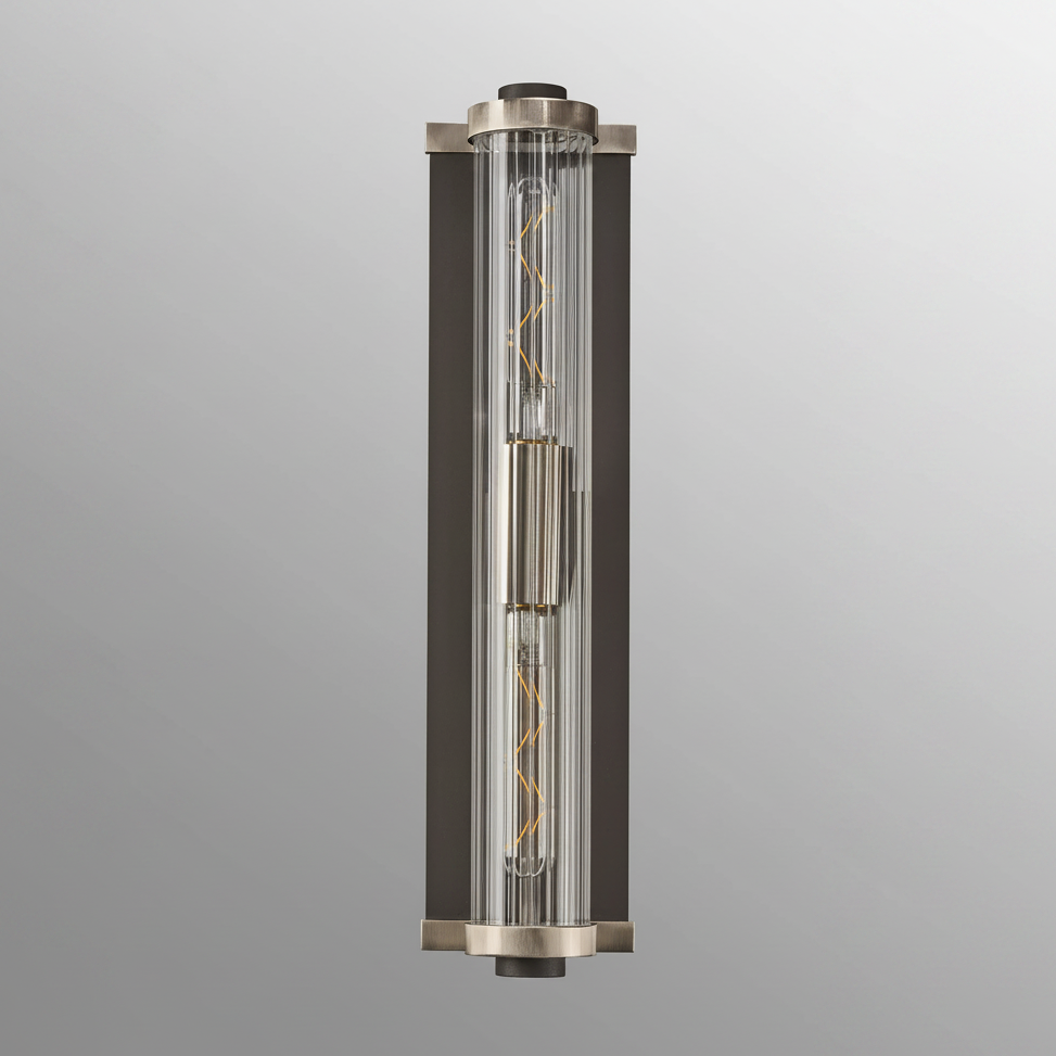 Beeley Large IP54 Wall Light in Anthracite & Satin Nickel with Ribbed Glass Shade