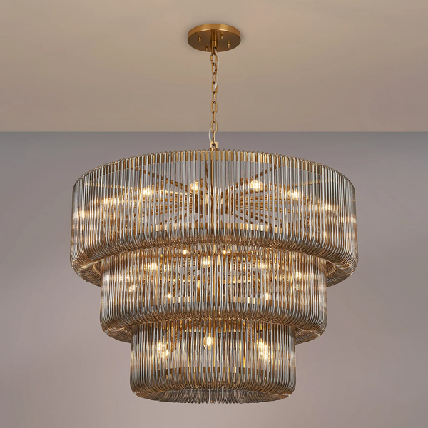 Jevington 1000mm Three Tier Pendant or Semi Flush in Brass with Smoked Glass