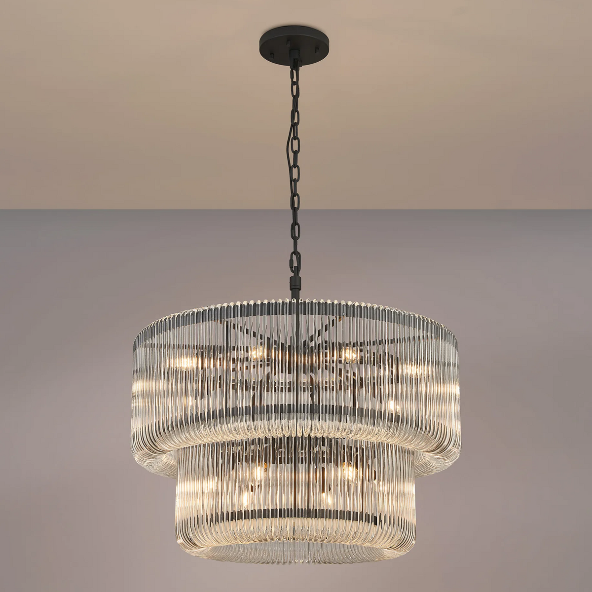 Jevington 780mm Two Tier Pendant or Semi Flush in Black with Clear Glass