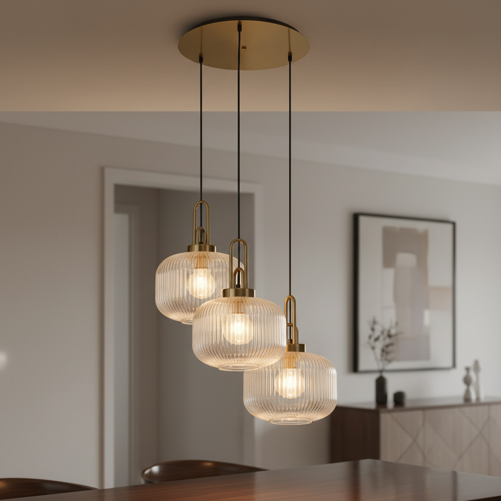 Atherington Pumpkin 3 Drop Pendant in Brass Gold with Ribbed Clear Shade