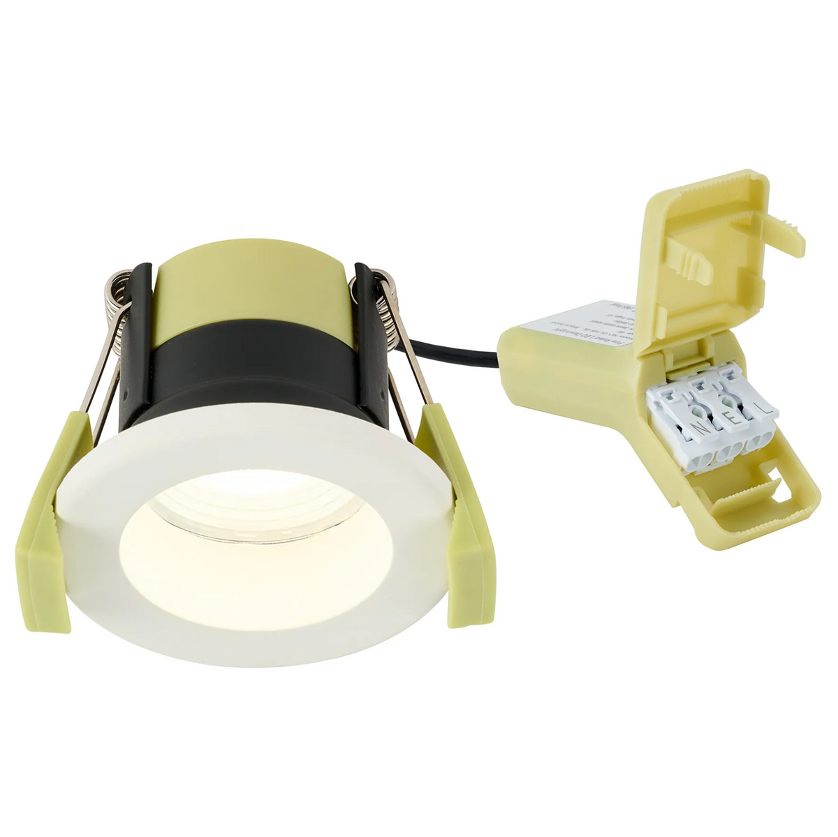 Warm white LED recessed light with a white trim, lime green clips, and a lime green junction box