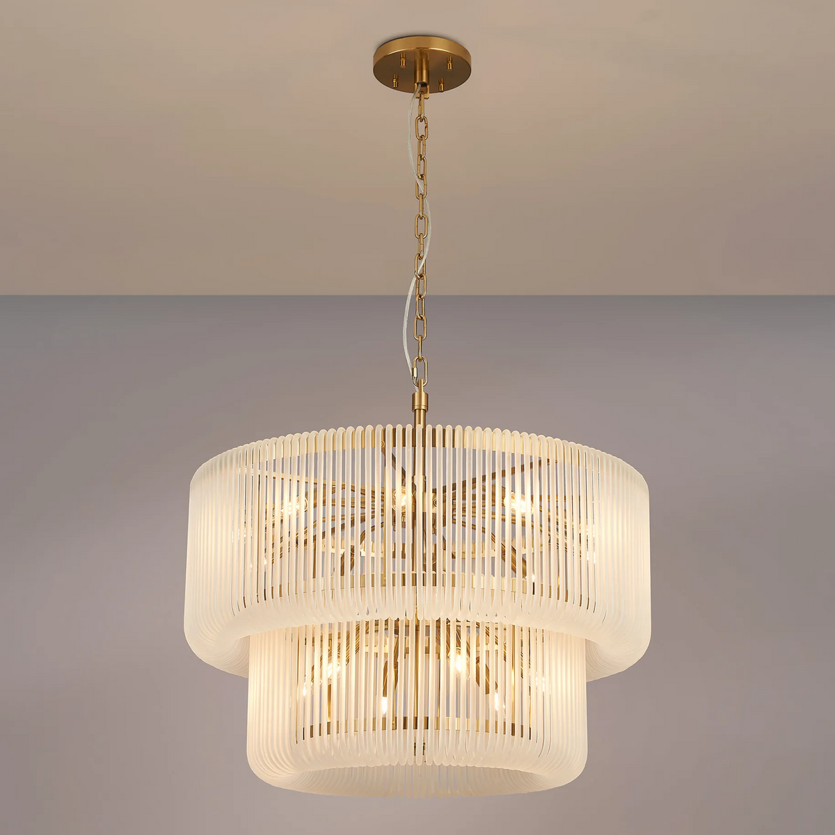 Jevington 780mm Two Tier Pendant or Semi Flush in Brass with Frosted Glass