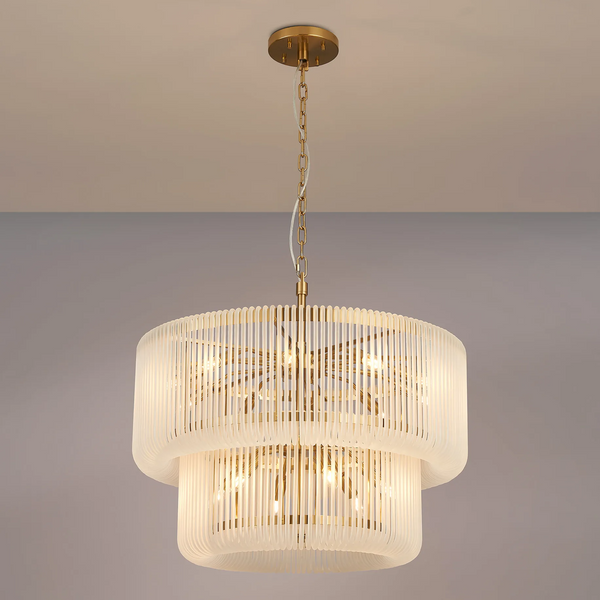 Jevington 780mm Two Tier Pendant or Semi Flush in Brass with Frosted Glass