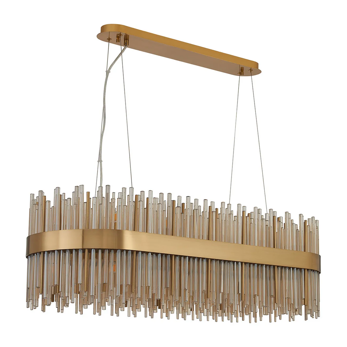 Rectangular chandelier with gold frame and numerous clear and amber glass rods