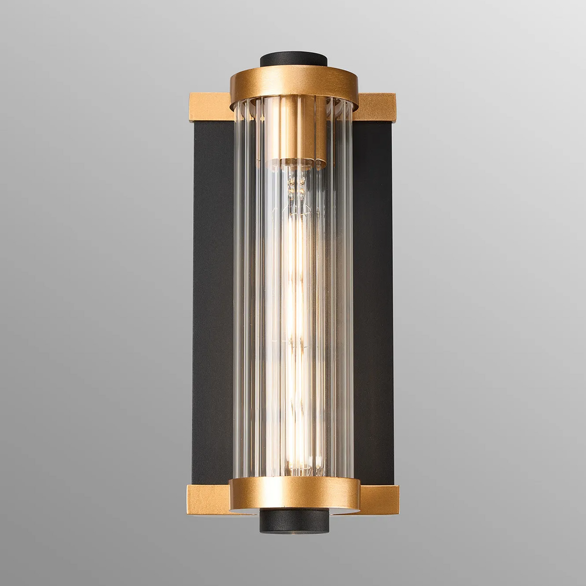 Beeley IP54 Wall Light in Black & Gold with Ribbed Glass Shade
