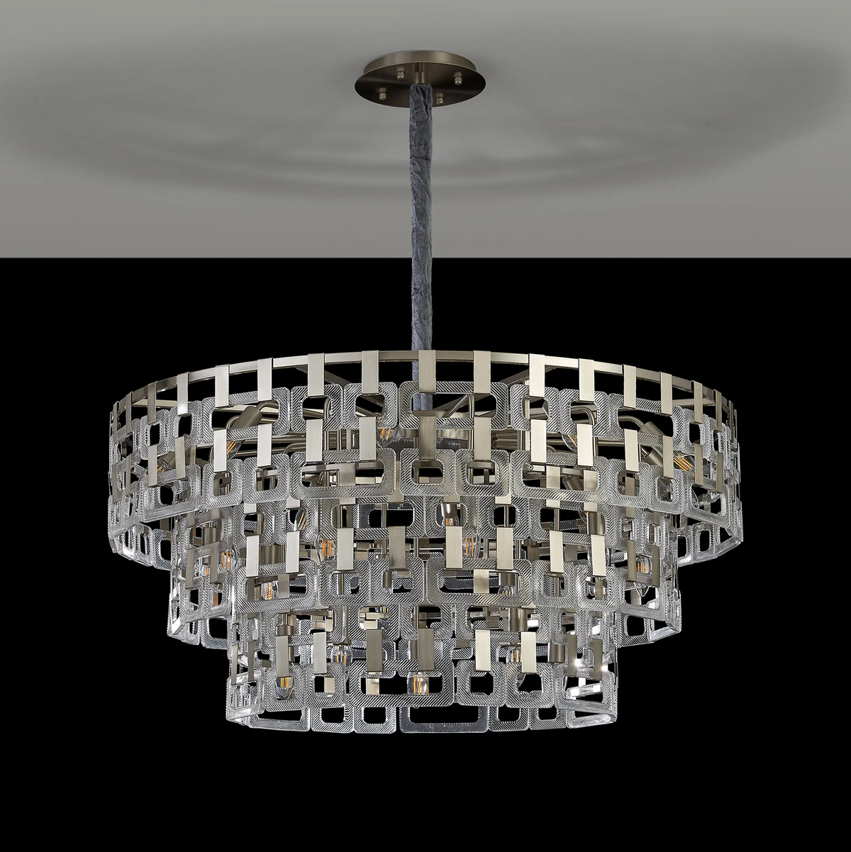 Heptonstall 1000mm Three Tier Round Pendant in Satin Nickel with Clear Glass