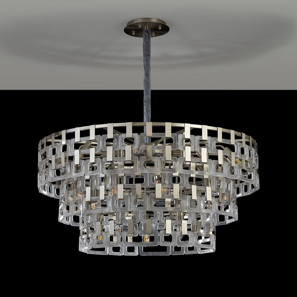 Heptonstall 1000mm Three Tier Round Pendant in Satin Nickel with Clear Glass