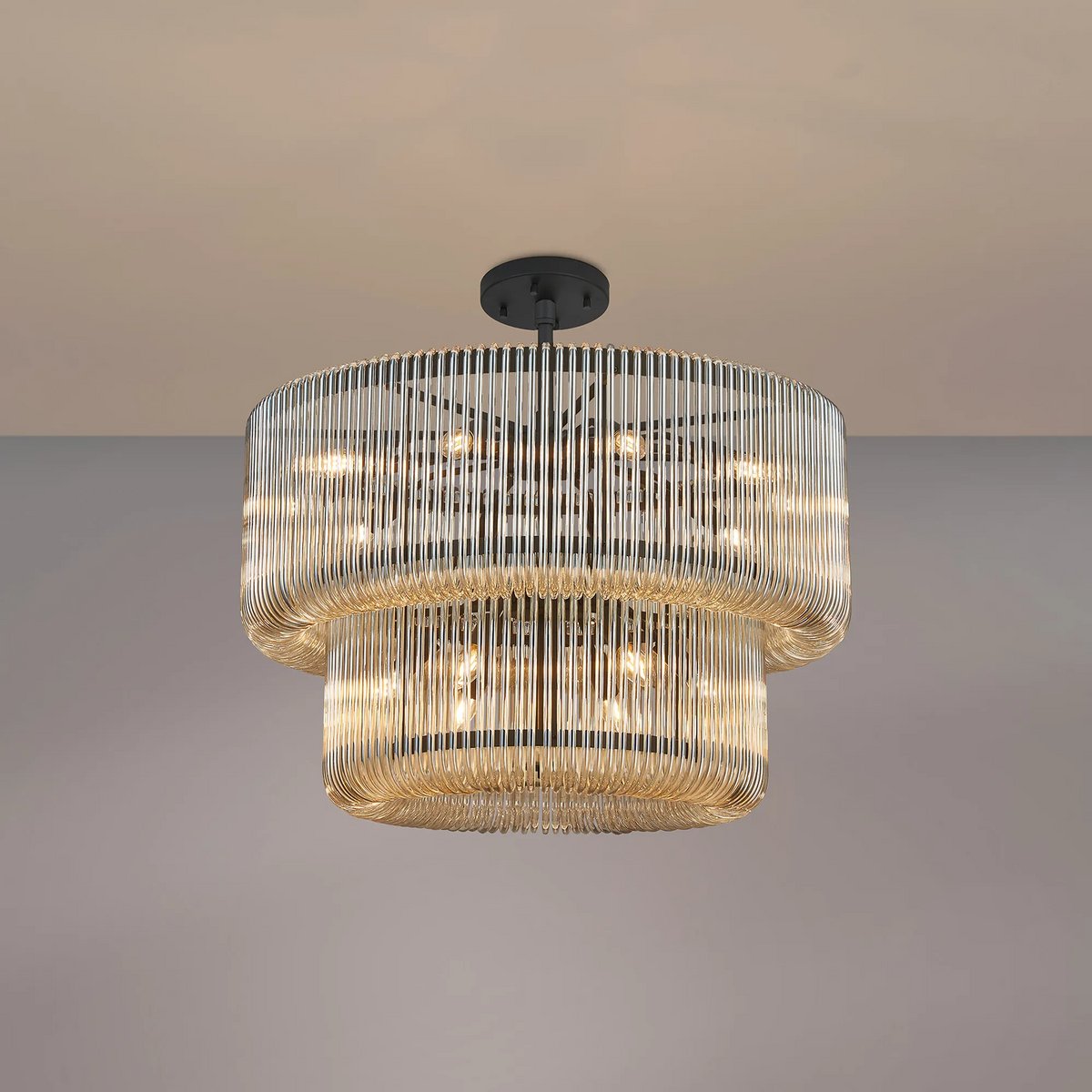 Jevington 780mm Two Tier Pendant or Semi Flush in Black with Smoke Brown Glass