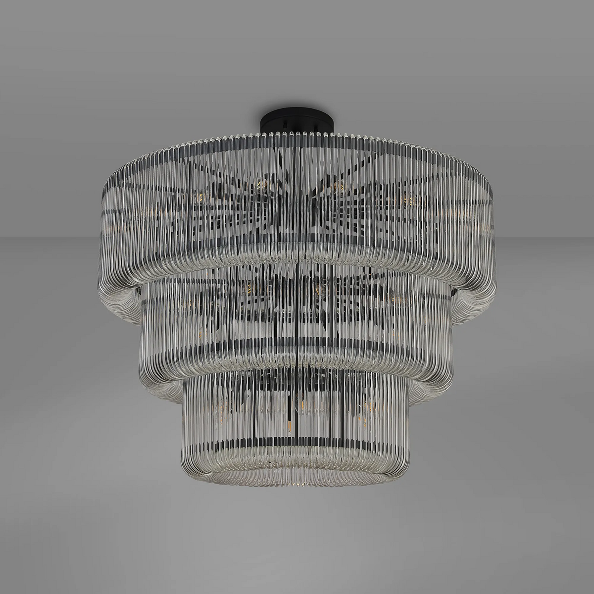 Jevington 1000mm Three Tier Pendant or Semi Flush in Black with Clear Glass