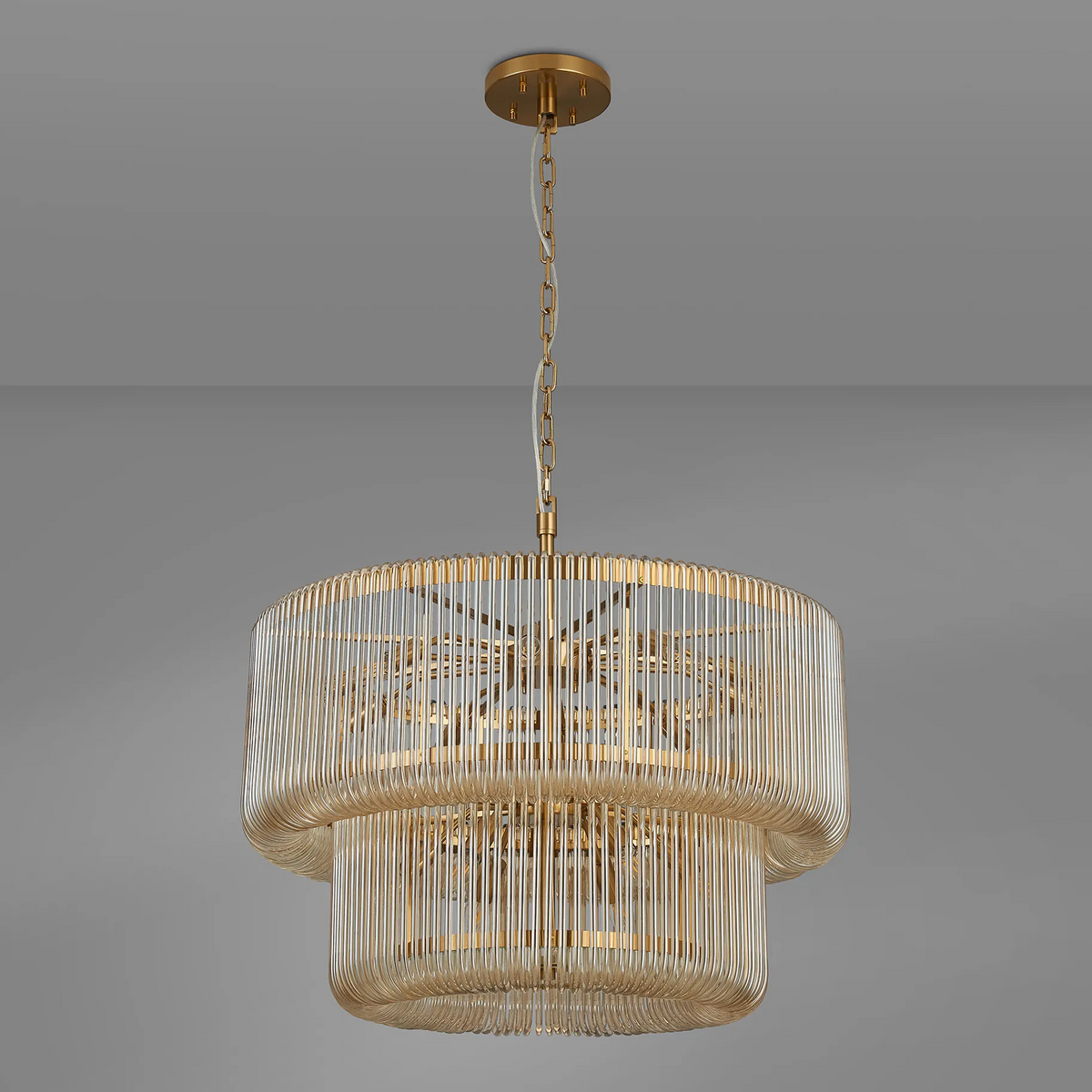 Jevington 780mm Two Tier Pendant or Semi Flush in Brass with Smoke Brown Glass