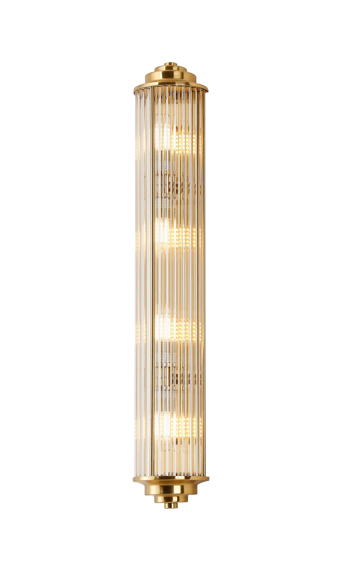 Vertical brass and glass wall sconce with fluted glass rods and four illuminated bulbs