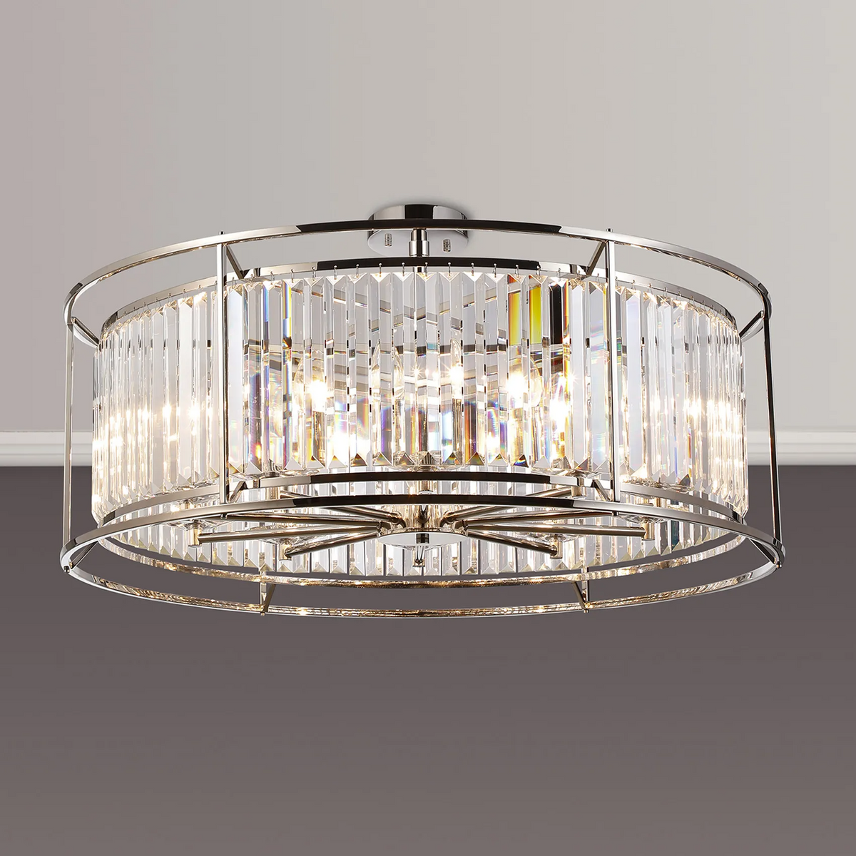 Round crystal chandelier with polished chrome frame