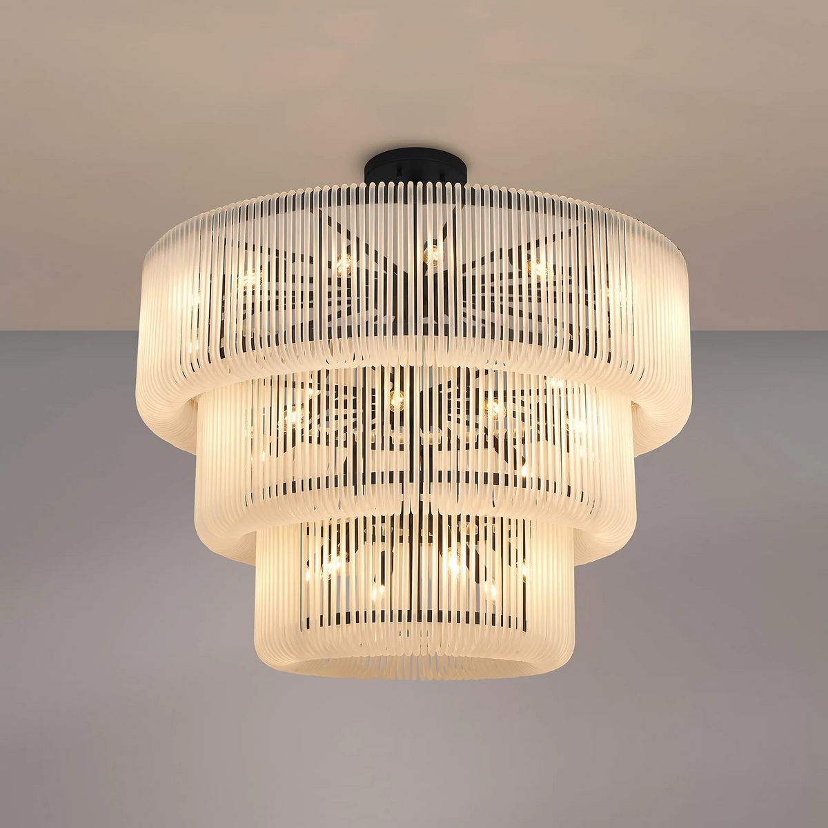 Jevington 1000mm Three Tier Pendant or Semi Flush in Black with Frosted Glass