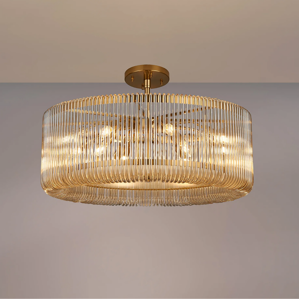 Jevington 780mm Pendant or Semi Flush in Brass with Smoke Brown Glass