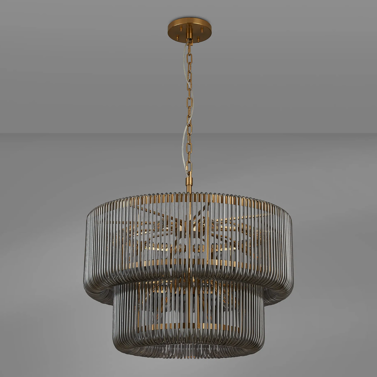 Jevington 780mm Two Tier Pendant or Semi Flush in Brass with Smoked Glass
