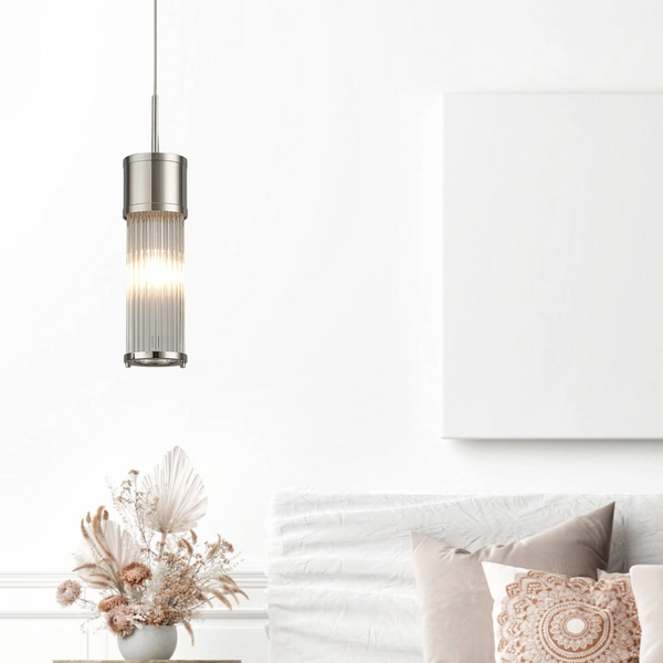 Tansley E14 IP44 Single Drop Pendant in Polished Nickel with Clear Glass Rods