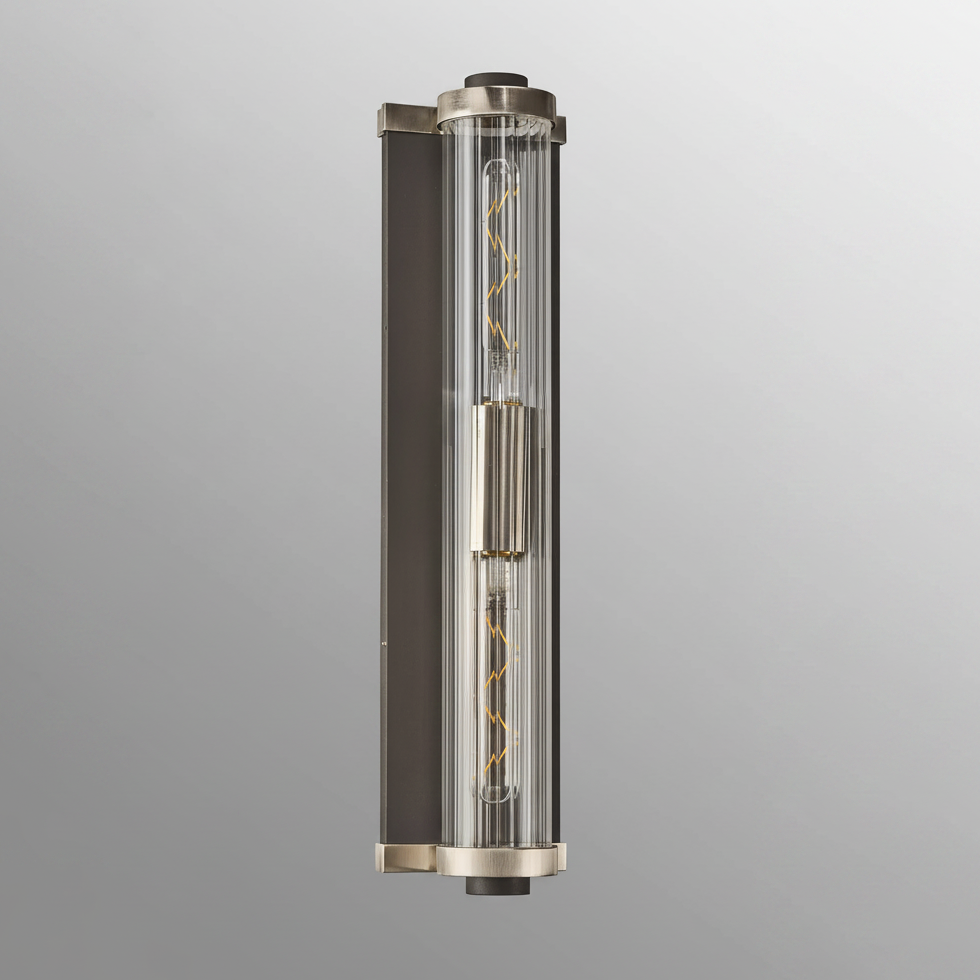 Beeley Large IP54 Wall Light in Anthracite & Satin Nickel with Ribbed Glass Shade
