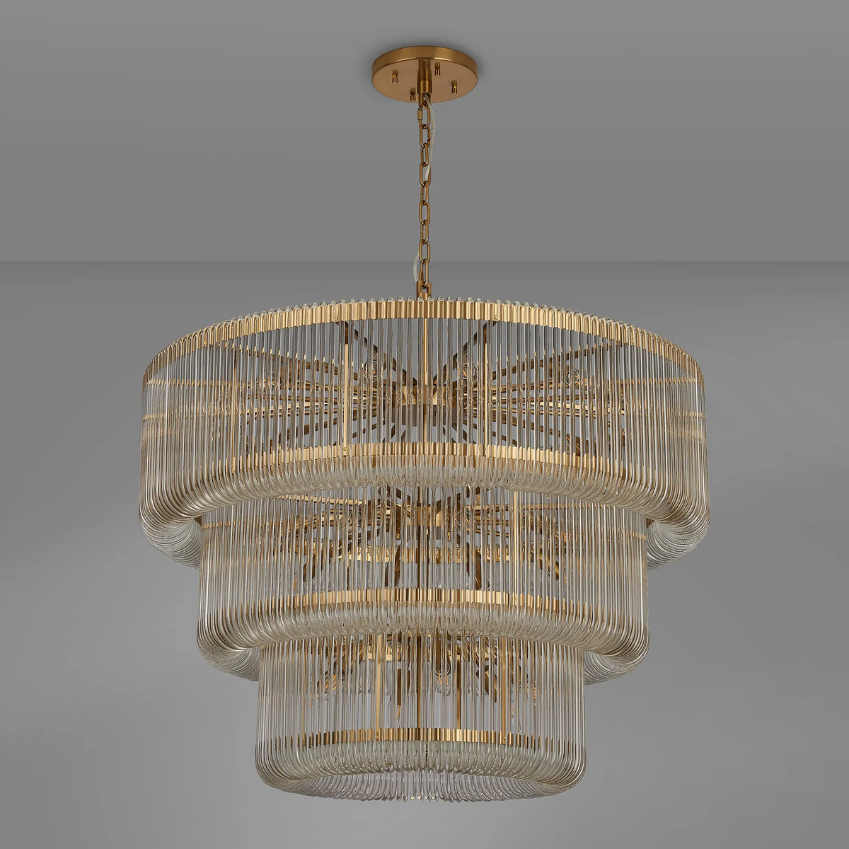 Jevington 1000mm Three Tier Pendant or Semi Flush in Brass with Clear Glass