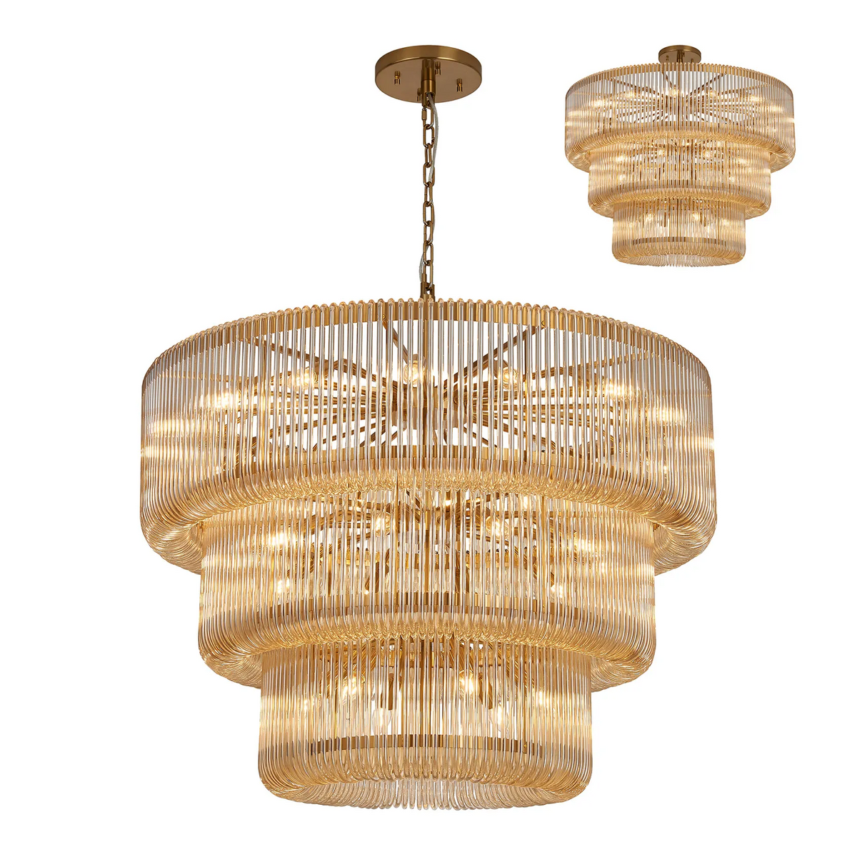 Jevington 1000mm Three Tier Pendant or Semi Flush in Brass with Smoke Brown Glass