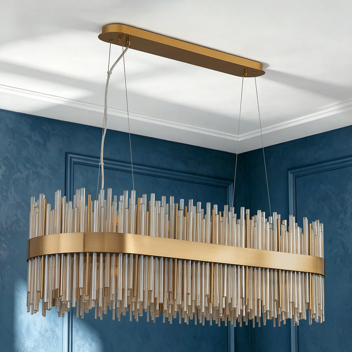 Rectangular chandelier with gold frame and clear glass rods
