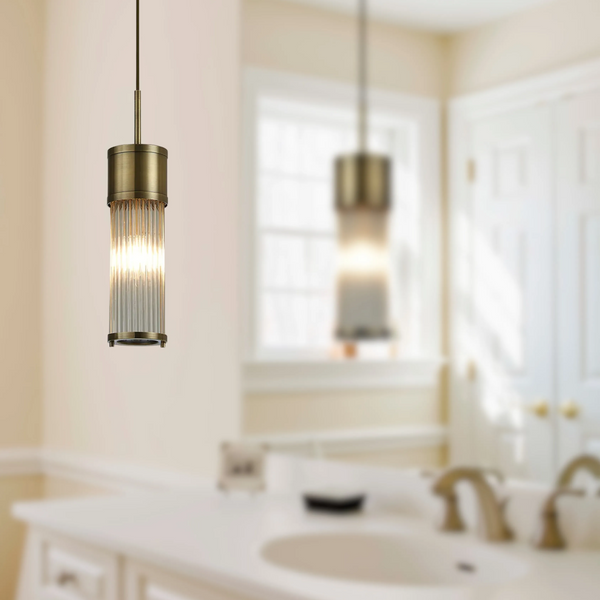 Tansley E14 IP44 Single Drop Pendant in Antique Brass with Clear Glass Rods